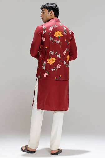 Red printed cotton silk Nehru jacket set