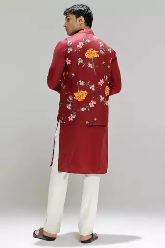 Red printed cotton silk Nehru jacket set