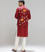 Red printed cotton silk Nehru jacket set