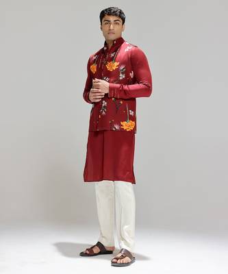 Red printed cotton silk Nehru jacket set 1