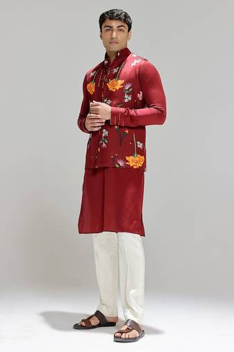 Red printed cotton silk Nehru jacket set