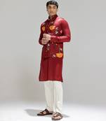 Red printed cotton silk Nehru jacket set