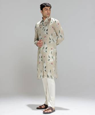 Green printed cotton silk kurta pajama 1