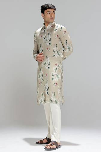 Green printed cotton silk kurta pajama