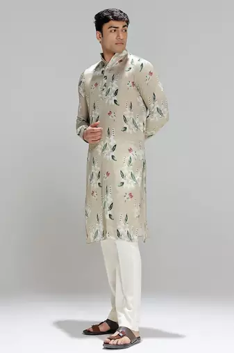 Green printed cotton silk kurta pajama