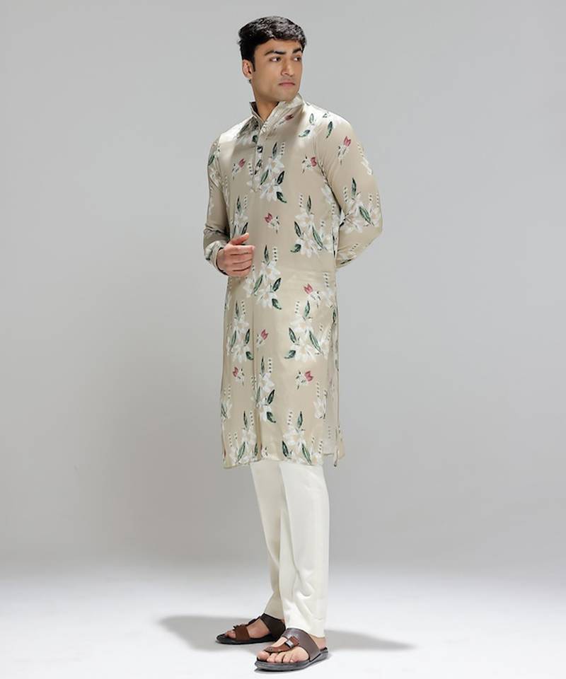 Green printed cotton silk kurta pajama
