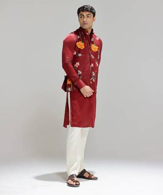 Red printed cotton silk Nehru jacket set 3