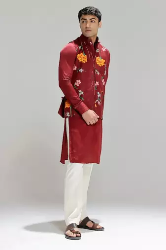 Red printed cotton silk Nehru jacket set