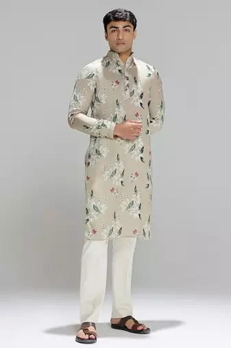 Green printed cotton silk kurta pajama