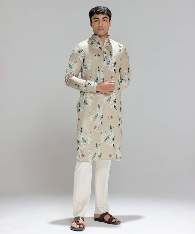 Green printed cotton silk kurta pajama