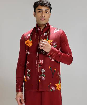 Red printed cotton silk Nehru jacket set 4