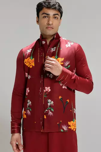 Red printed cotton silk Nehru jacket set