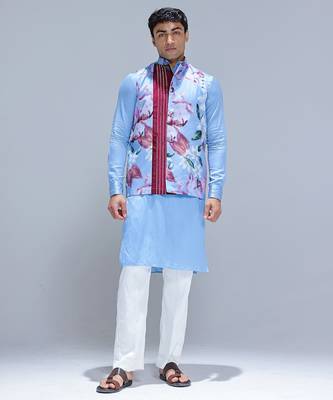 Blue printed cotton silk Nehru jacket set 1