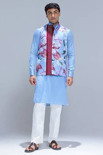 Blue printed cotton silk Nehru jacket set