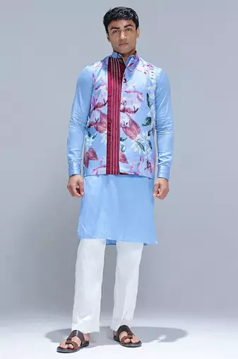 Blue printed cotton silk Nehru jacket set