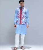 Blue printed cotton silk Nehru jacket set