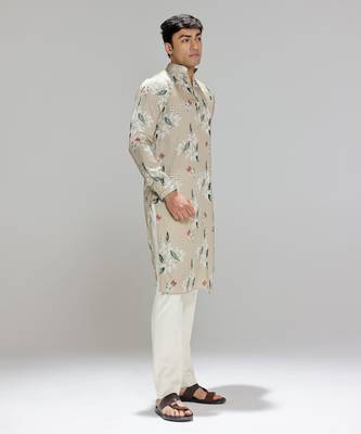 Green printed cotton silk kurta pajama 3
