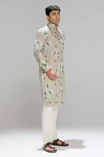 Green printed cotton silk kurta pajama