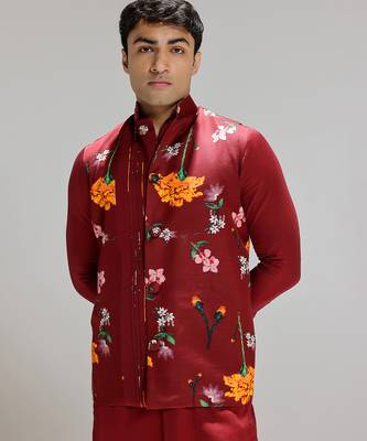 Red printed cotton silk Nehru jacket set 5