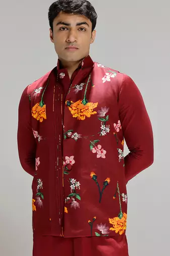Red printed cotton silk Nehru jacket set