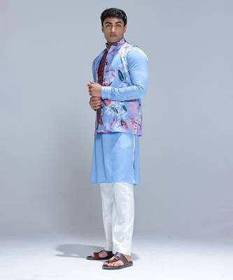 Blue printed cotton silk Nehru jacket set 2
