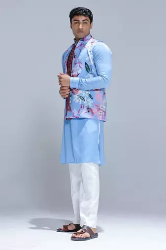Blue printed cotton silk Nehru jacket set