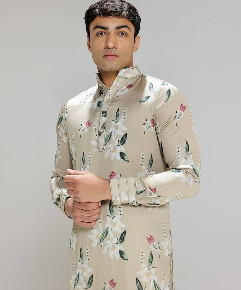 Green printed cotton silk kurta pajama
