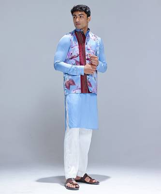 Blue printed cotton silk Nehru jacket set 3