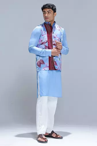 Blue printed cotton silk Nehru jacket set