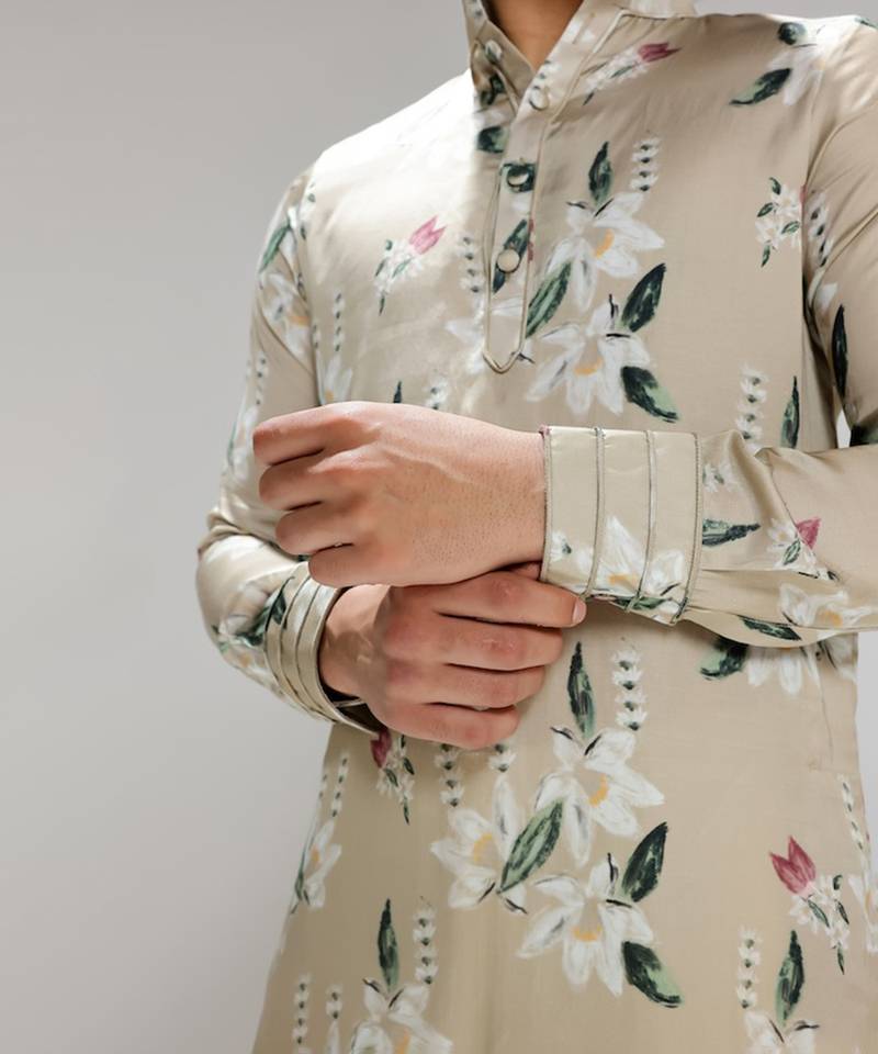 Green printed cotton silk kurta pajama