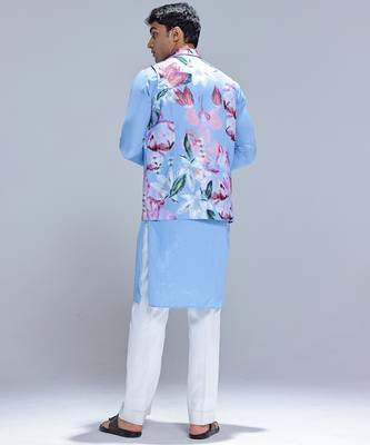 Blue printed cotton silk Nehru jacket set 4