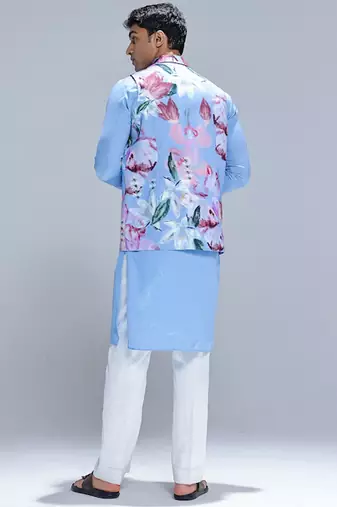 Blue printed cotton silk Nehru jacket set