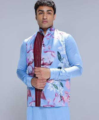 Blue printed cotton silk Nehru jacket set 5