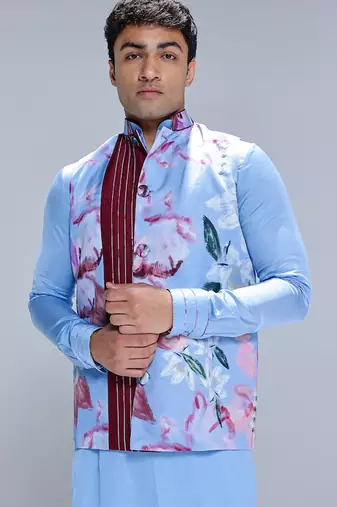 Blue printed cotton silk Nehru jacket set