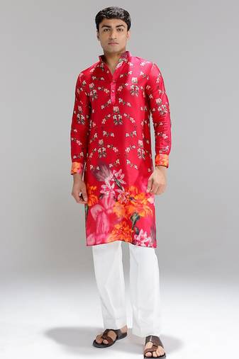 Red printed cotton silk kurta pajama