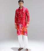 Red printed cotton silk kurta pajama