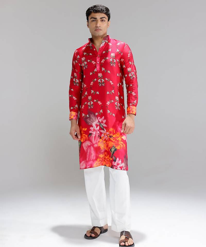 Red printed cotton silk kurta pajama