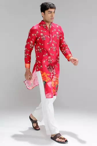 Red printed cotton silk kurta pajama