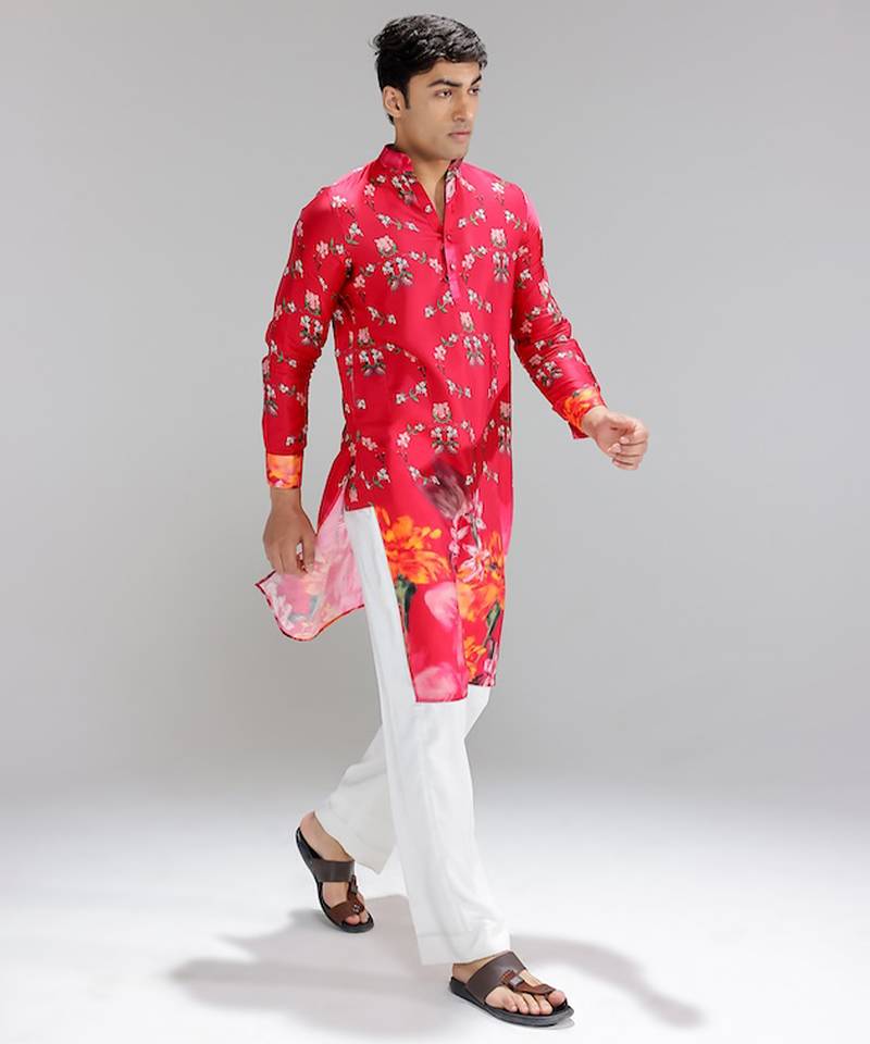 Red printed cotton silk kurta pajama