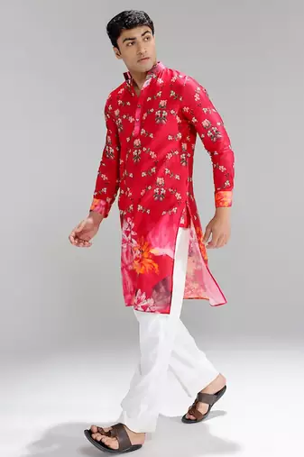 Red printed cotton silk kurta pajama