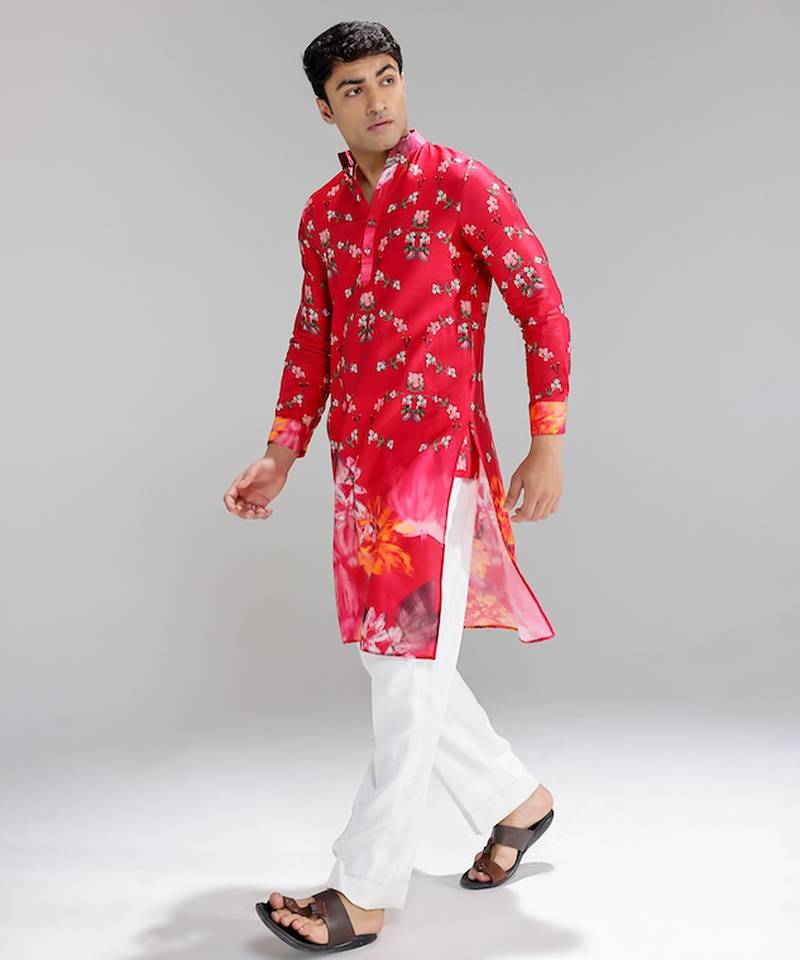 Red printed cotton silk kurta pajama