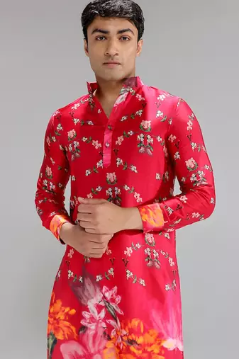 Red printed cotton silk kurta pajama