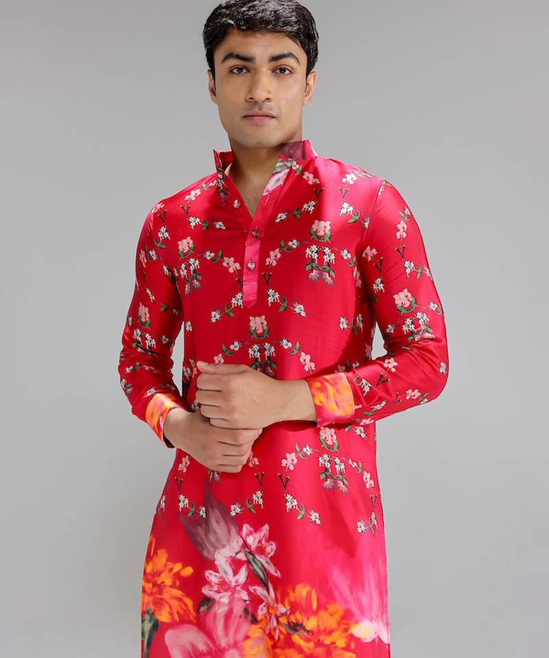 Red printed cotton silk kurta pajama