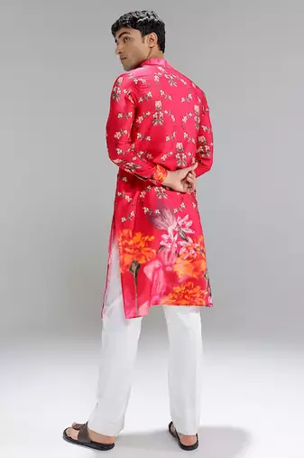 Red printed cotton silk kurta pajama