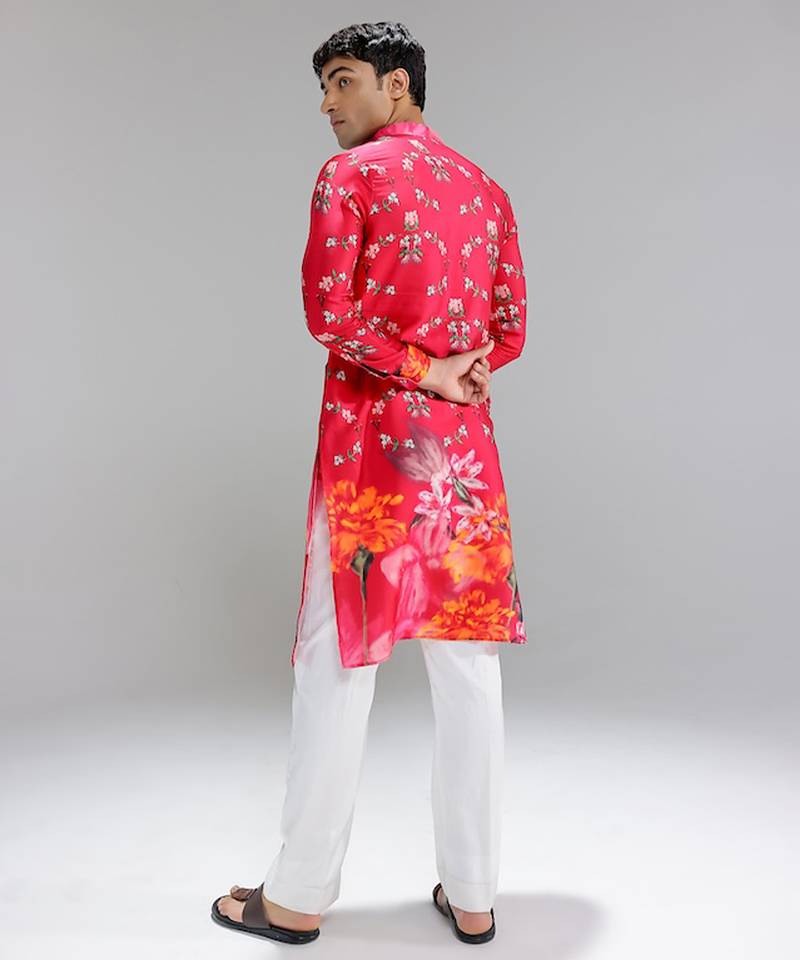 Red printed cotton silk kurta pajama