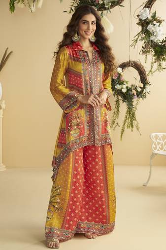 designer satin cord set with mirror and stone work for party and wedding