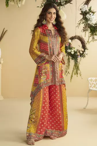 designer satin cord set with mirror and stone work for party and wedding