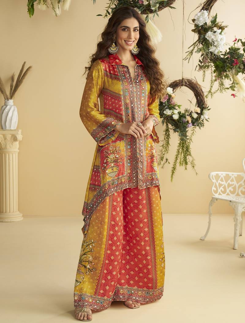 designer satin cord set with mirror and stone work for party and wedding