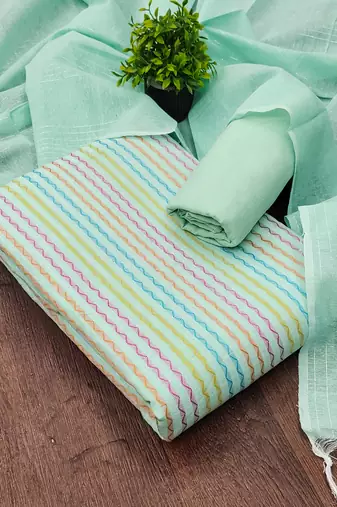 Pastel green multicolor embroidered cotton suit set