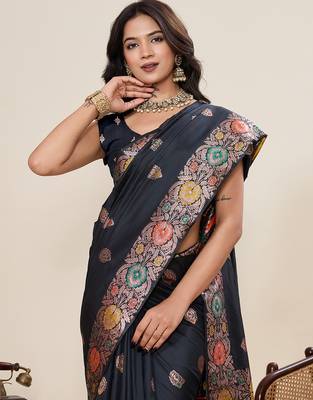 soft litchi art silk banarasi art silk jacquard saree (amshuka-black) 5